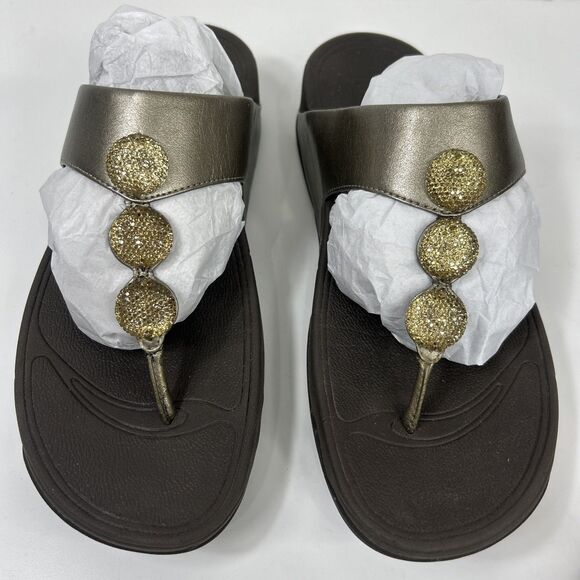 Fitflop Sandals Petra Womens Sz 11 Brown Metallic Gold Toe Post Embellished READ - Picture 1 of 11